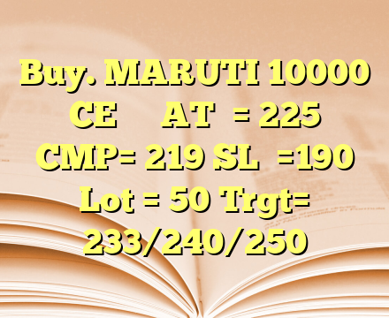Buy. MARUTI 10000 CE    
AT  = 225
CMP= 219
SL  =190
Lot = 50
Trgt= 233/240/250